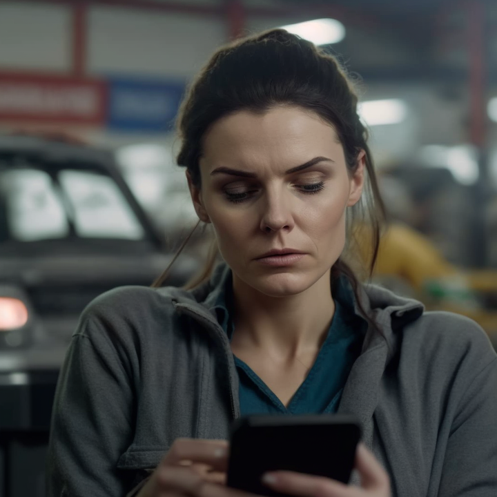 Woman is unhappy with the user experience of the mobile site she is using while at an auto repair shop